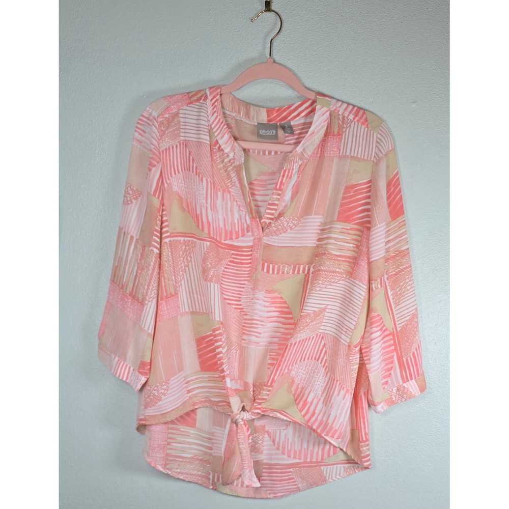 Chico's Pink Abstract Geometric Tie Front Blouse Size 2 Large 3/4 Sleeve Top